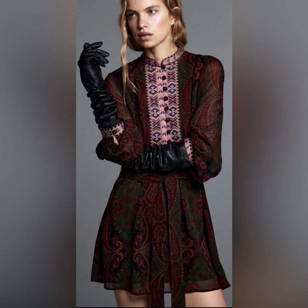 Zara Bloggers Favourite Jacquard Ribbon Flowy Long Sleeve Mini Dress Sz M